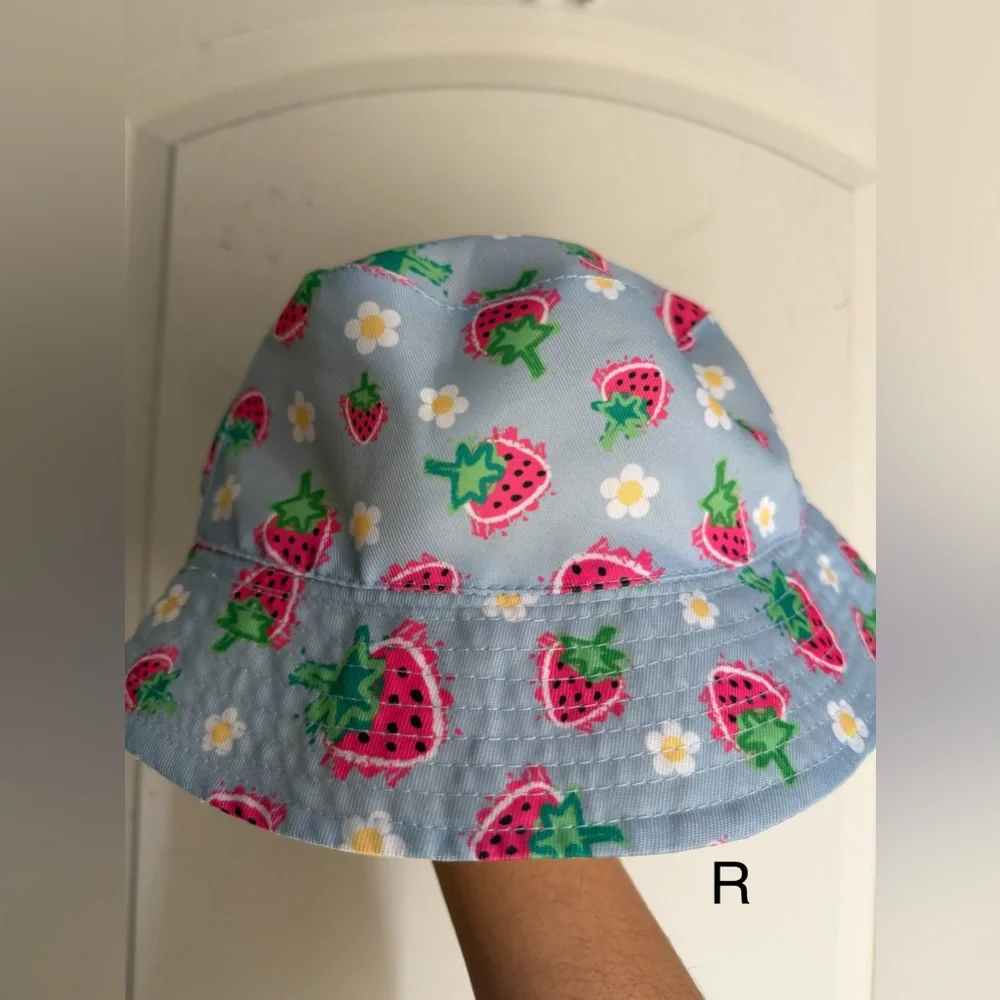 Strawberry Print Kids Bucket Hat - Blue tropical summer resort cruise beach camp